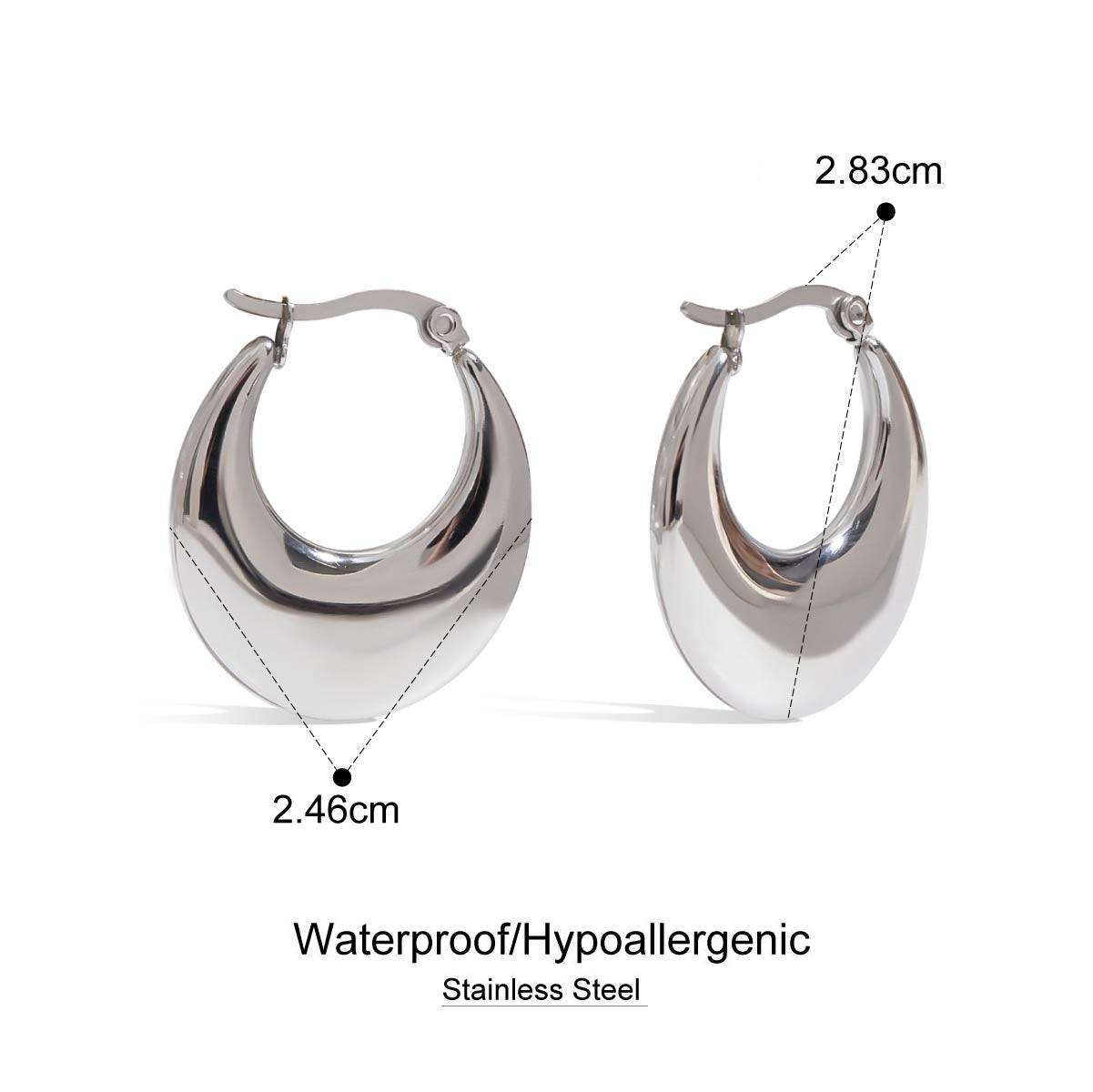 Silver hoop earrings with measurements and material information on a white background