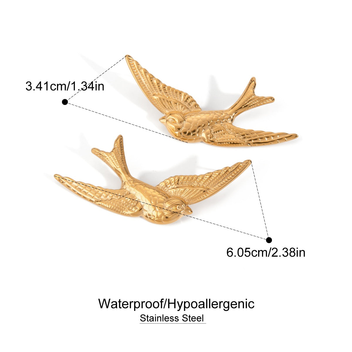 Two gold bird-shaped earrings with measurements and material information on a white background