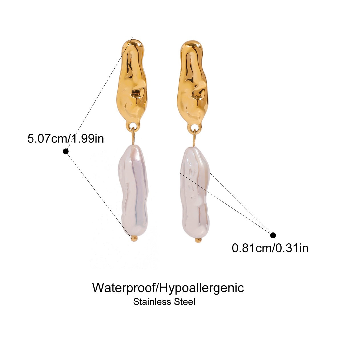 Tarnish-free gold earrings with pearl-like stones, showing measurements and material details on a white background.