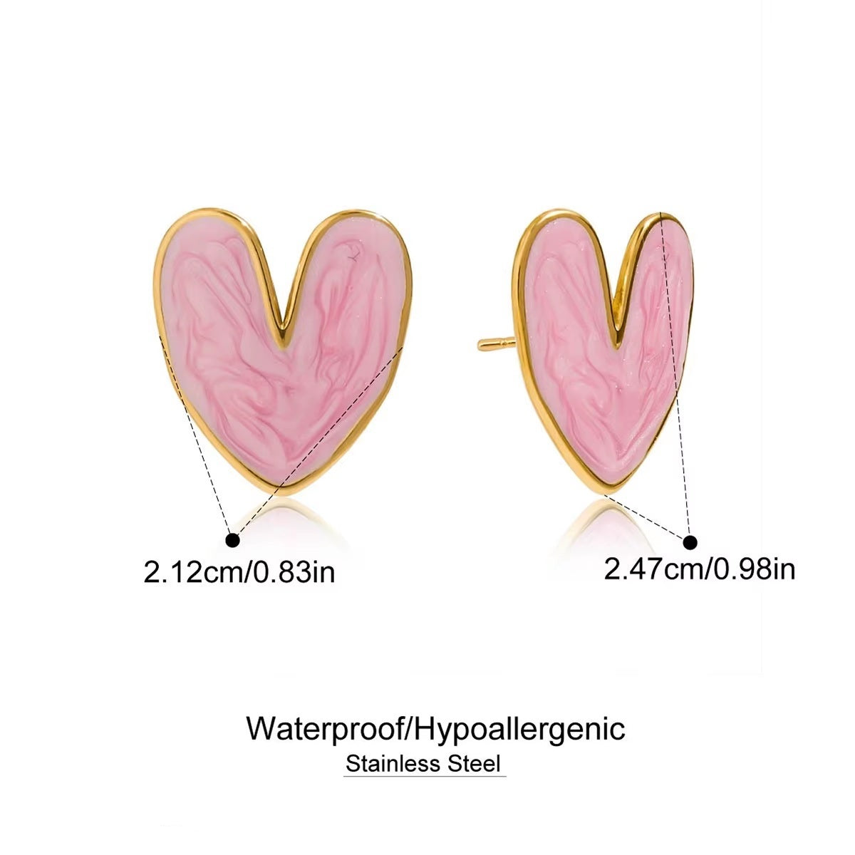 Heart-shaped pink earrings with gold accents on a white background