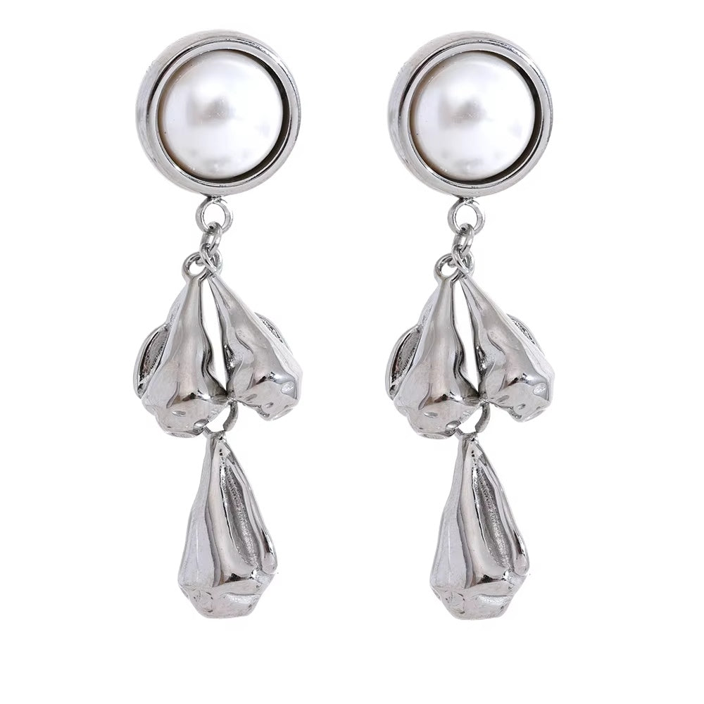 long silver stainless steel earrings with pearl