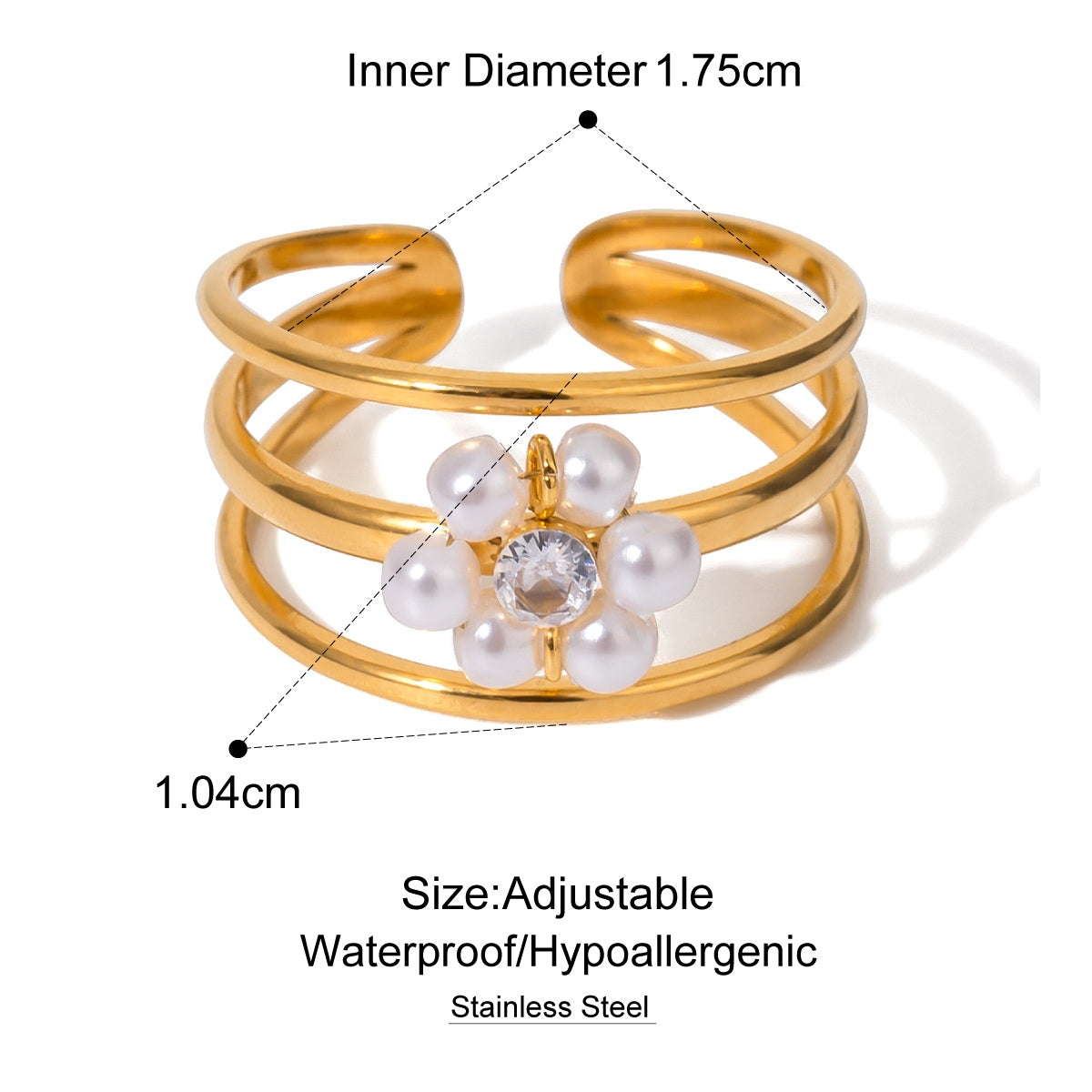 Gold ring with pearl and crystal design, showing measurements and material details.