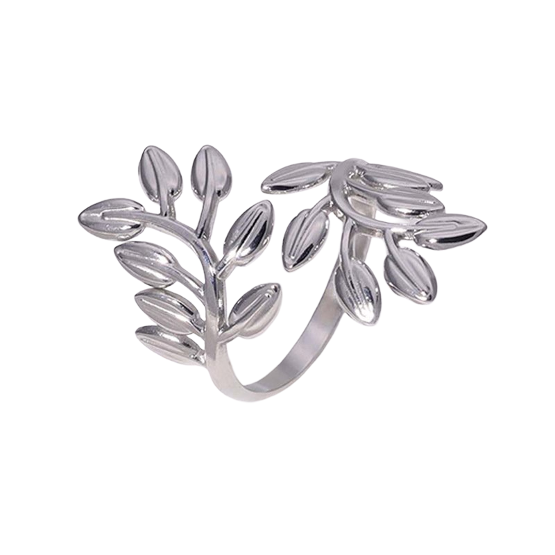 Silver leaf-shaped ring on a white background