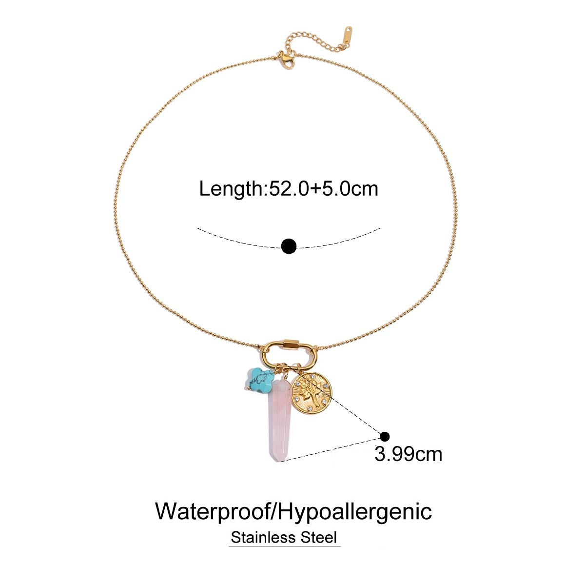 Necklace with charms and measurements on a white background