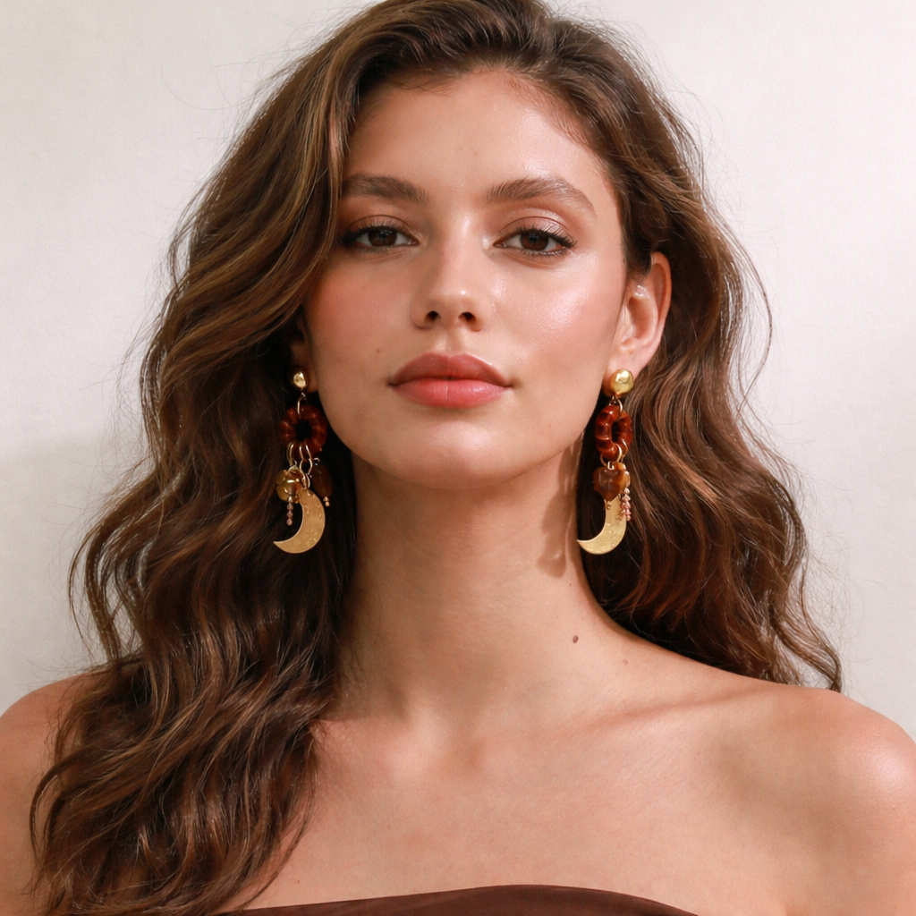 Woman wearing gold statement earrings with a neutral background