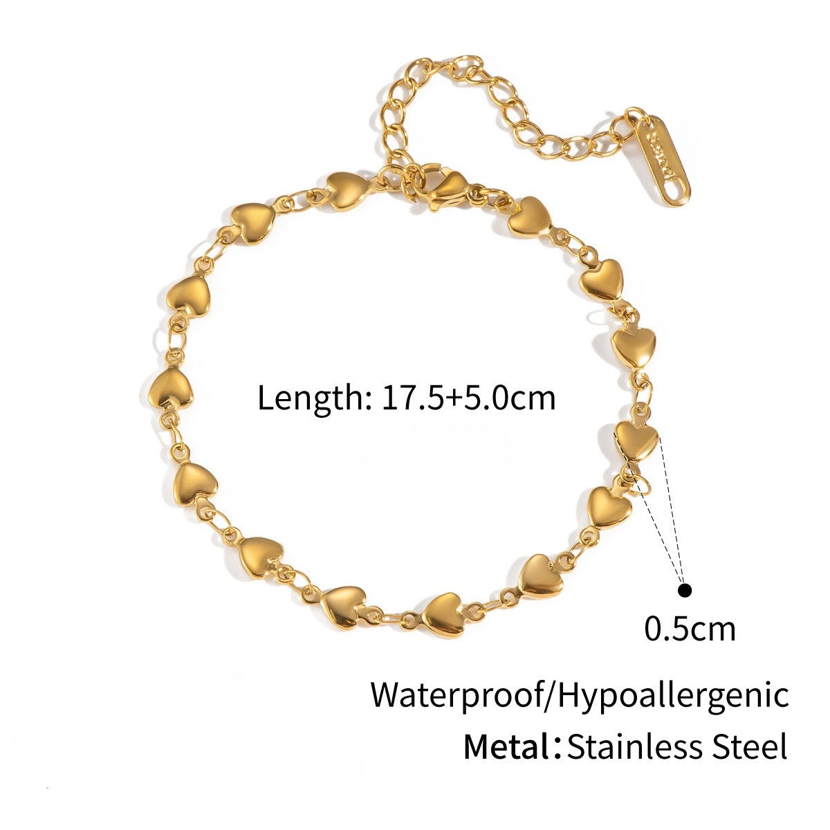 Gold heart-shaped bracelet with measurements and material details on a white background
