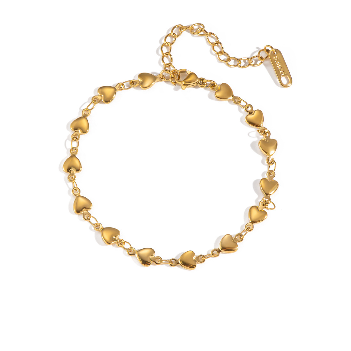 Gold stainless steel bracelet with heart-shaped links on a white background