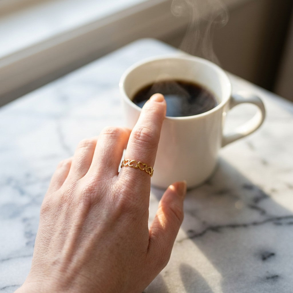 hand wearing gold stainless steel ring with heart pattern reaching out for a cup of black coffee