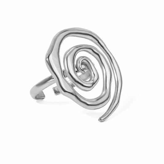 Silver ring with a unique design on a white background