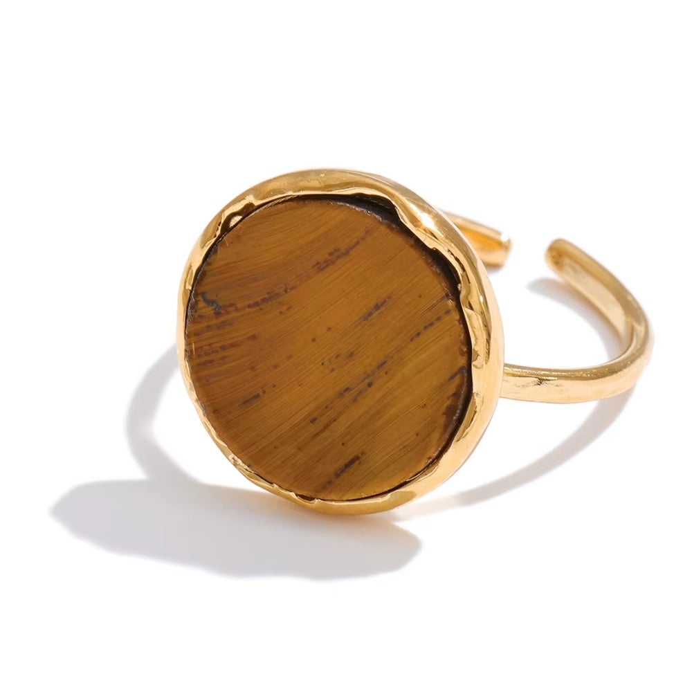 gold stainless steel ring with natural stone in brown color