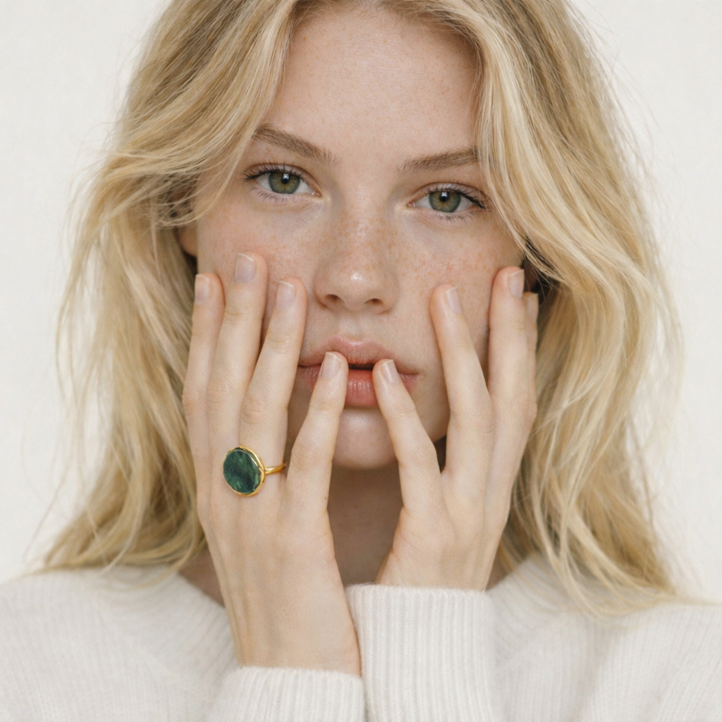 a young woman wearing a gold stainless steel ring with natural green stone