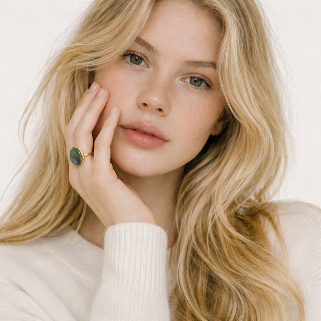 a young woman wearing a gold stainless steel ring with natural green stone