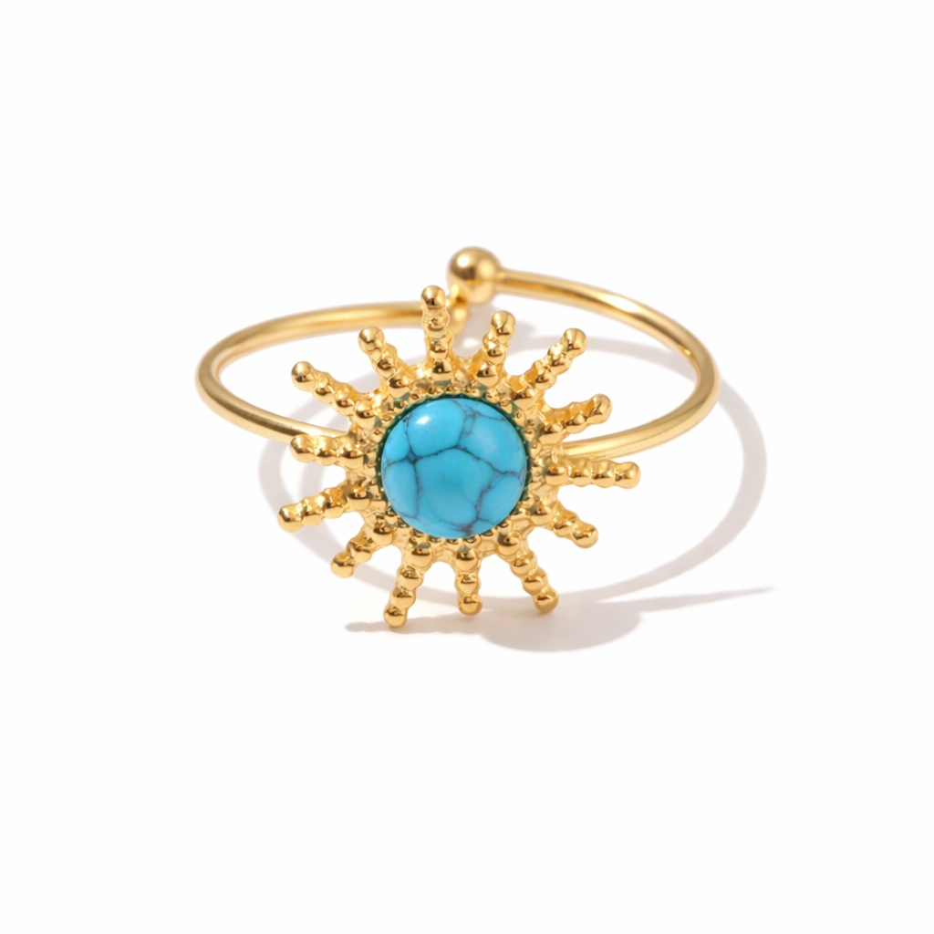 Gold ring with turquoise stone on a white background
