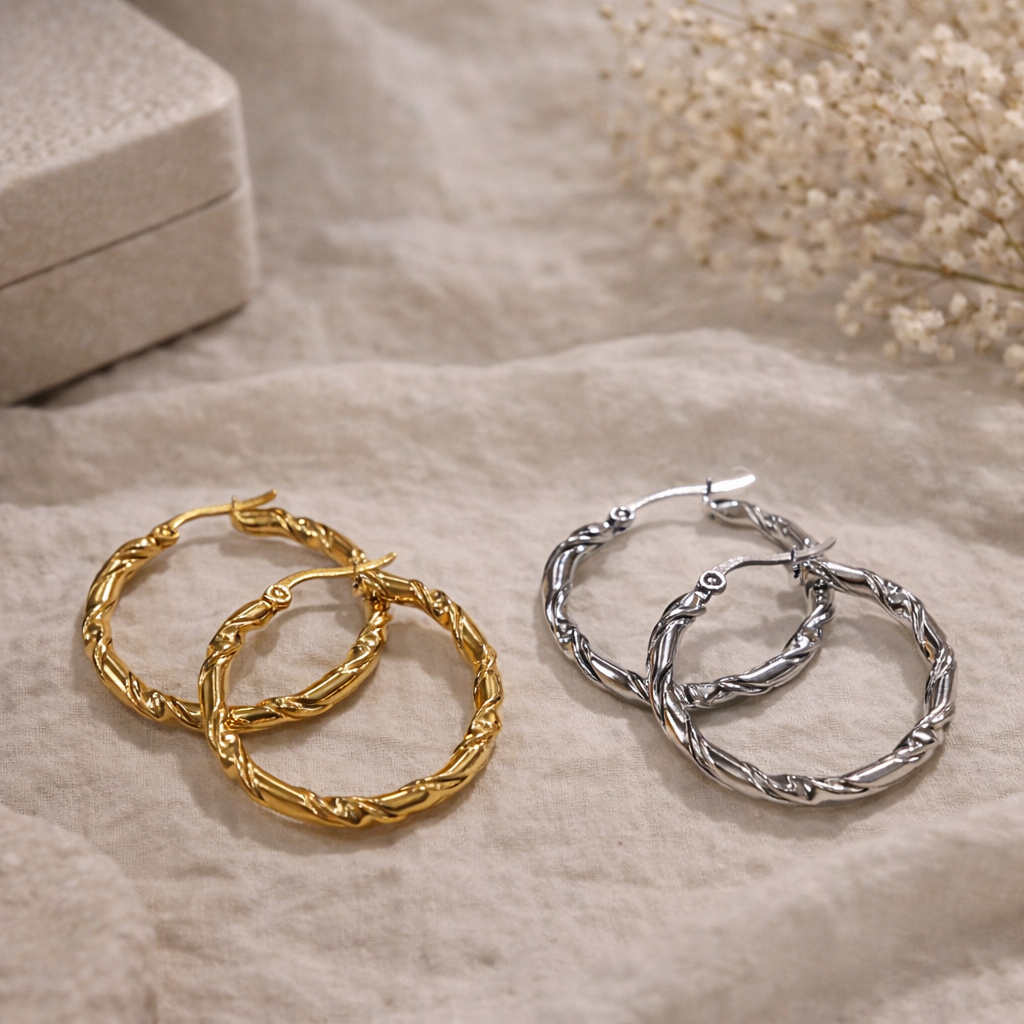 Gold and silver hoop earrings on a textured surface with a neutral background