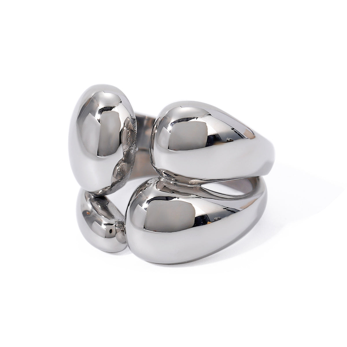 Silver stainless steel chunky ring with a modern design on a white background