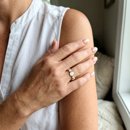 Person wearing a ring on their hand with a blurred background