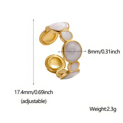 Gold and white stone ring with measurements and weight details on a white background
