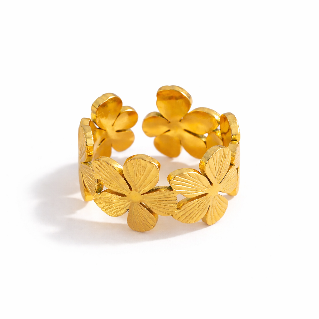 gold waterproof ring with flower design