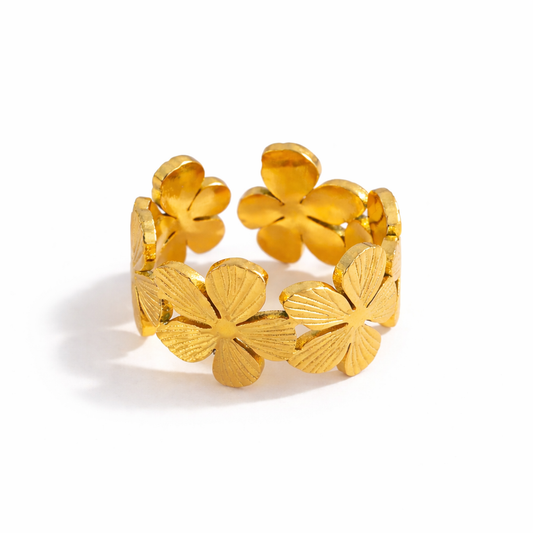 gold waterproof ring with flower design