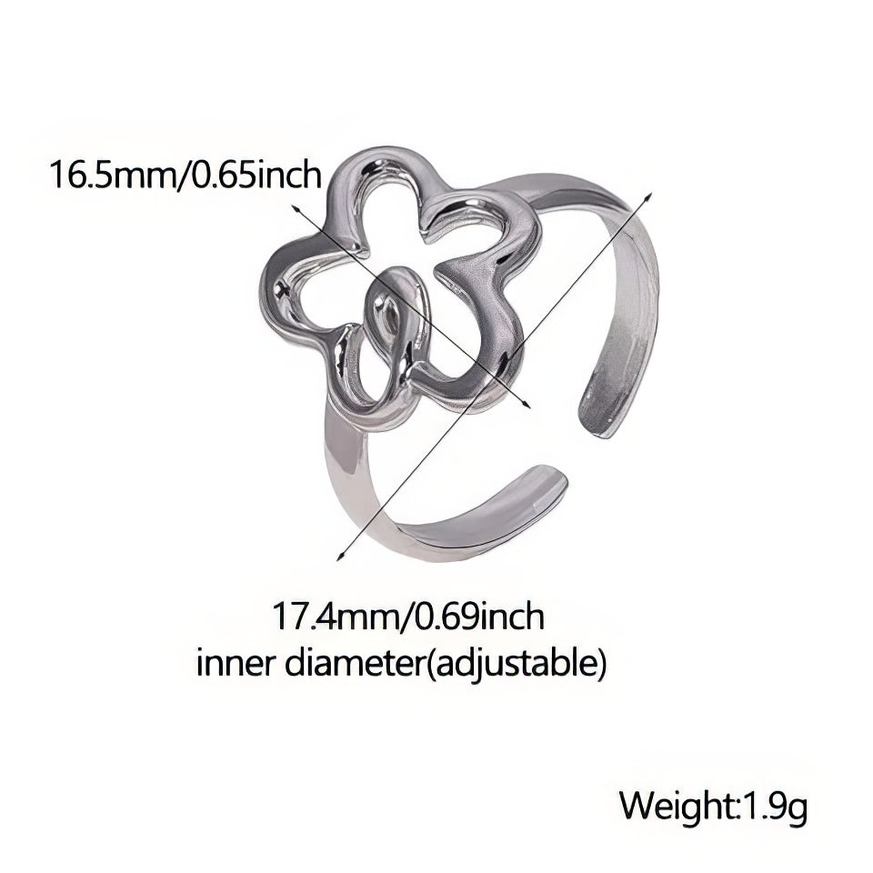 Silver adjustable ring with measurements and weight details on a white background