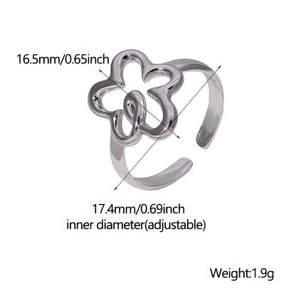 Silver adjustable ring with measurements and weight details on a white background