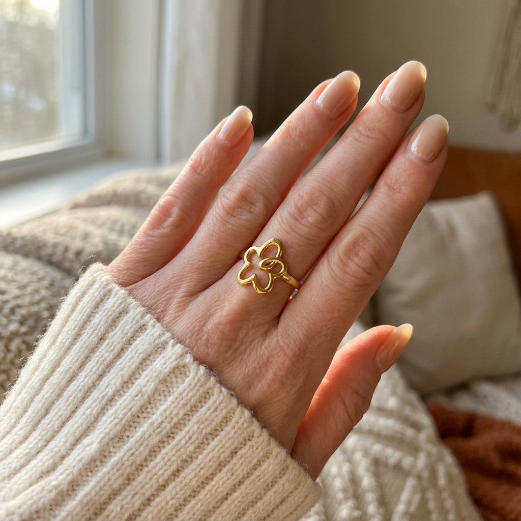 Hand wearing a gold waterproof ring with a soft focus background