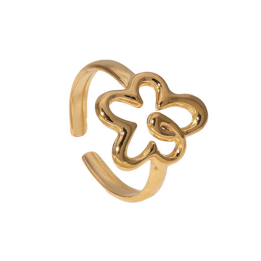gold stainless steel ring with flower design on white background