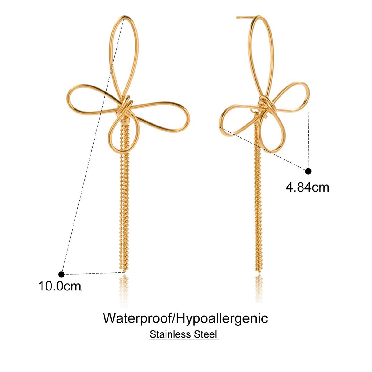 Gold bow-shaped earrings with measurements on a white background