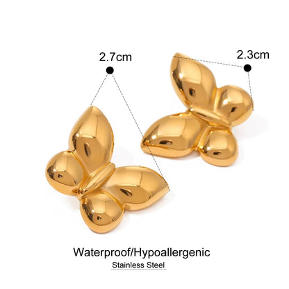 Gold waterproof butterfly-shaped earrings with measurements and material information on a white background