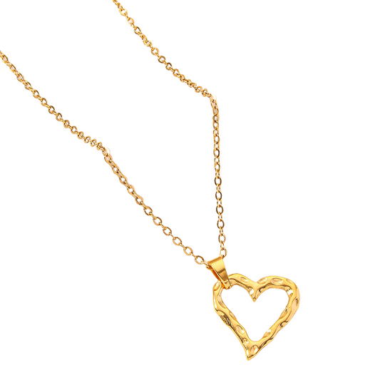Gold stainless steel heart-shaped necklace on a white background
