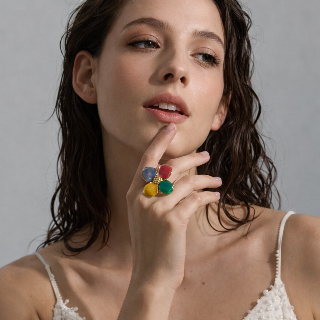 Woman wearing a colorful ring on her finger against a neutral background