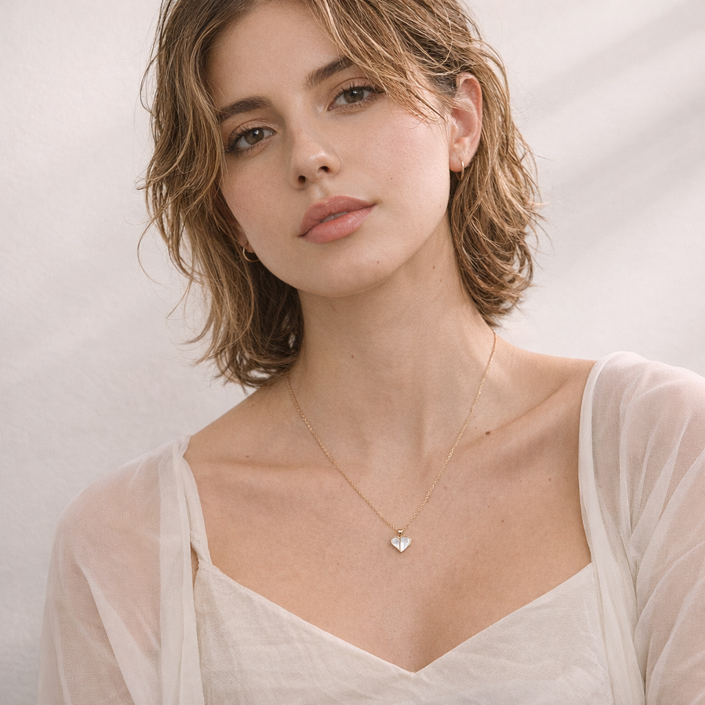 Woman wearing a delicate necklace with a heart pendant against a neutral background