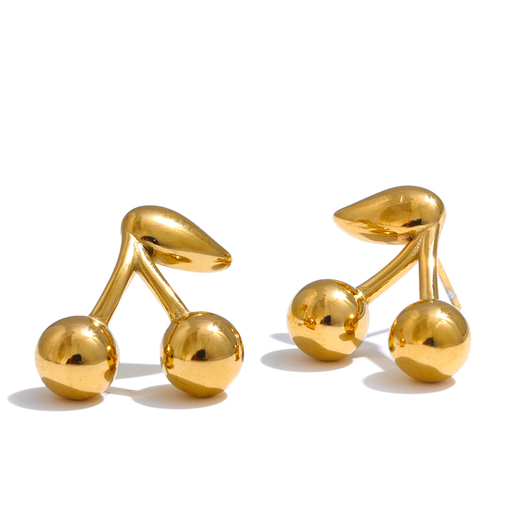 Gold cherry-shaped stud earrings on a white background