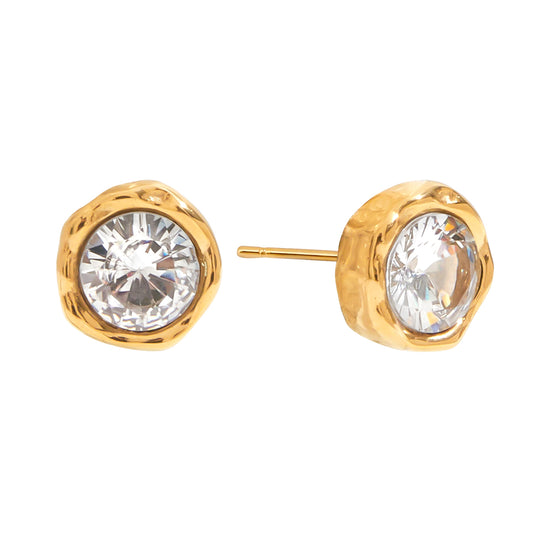 Gold stud earrings with clear gemstones on a white background