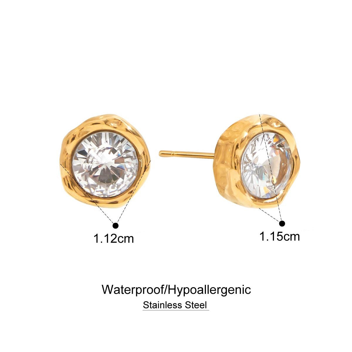 Gold stud earrings with clear gemstones, showing dimensions and material details on a white background.