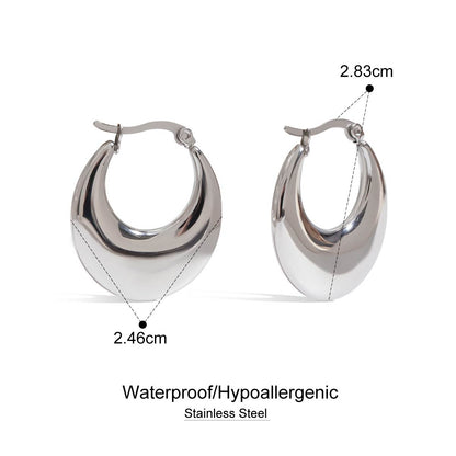 Silver hoop earrings with measurements and material information on a white background