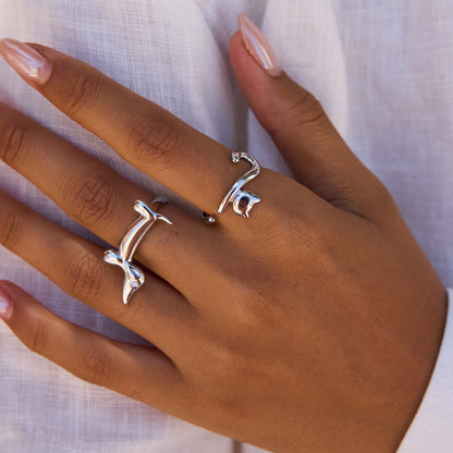 Hand wearing two stainless steel rings on a white background