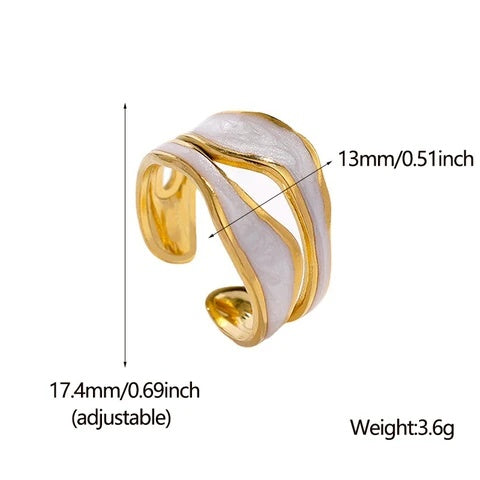 Gold and white adjustable ring with measurements on a white background