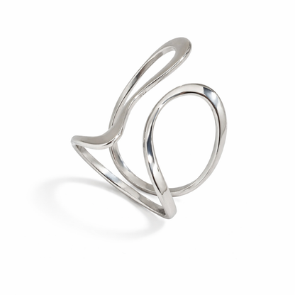 Silver statement ring with a modern design on a white background