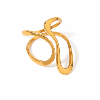 Gold waterproof ring with a twisted design on a white background
