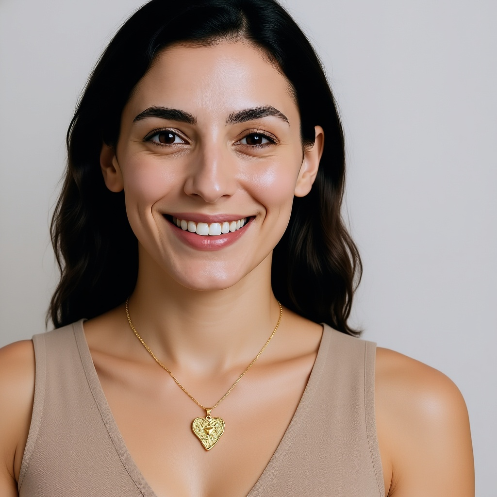 Woman wearing a gold waterproof heart-shaped necklace against a plain background