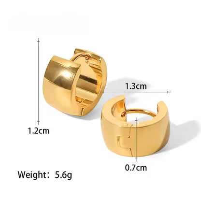Gold hoop earrings with measurements on a white background