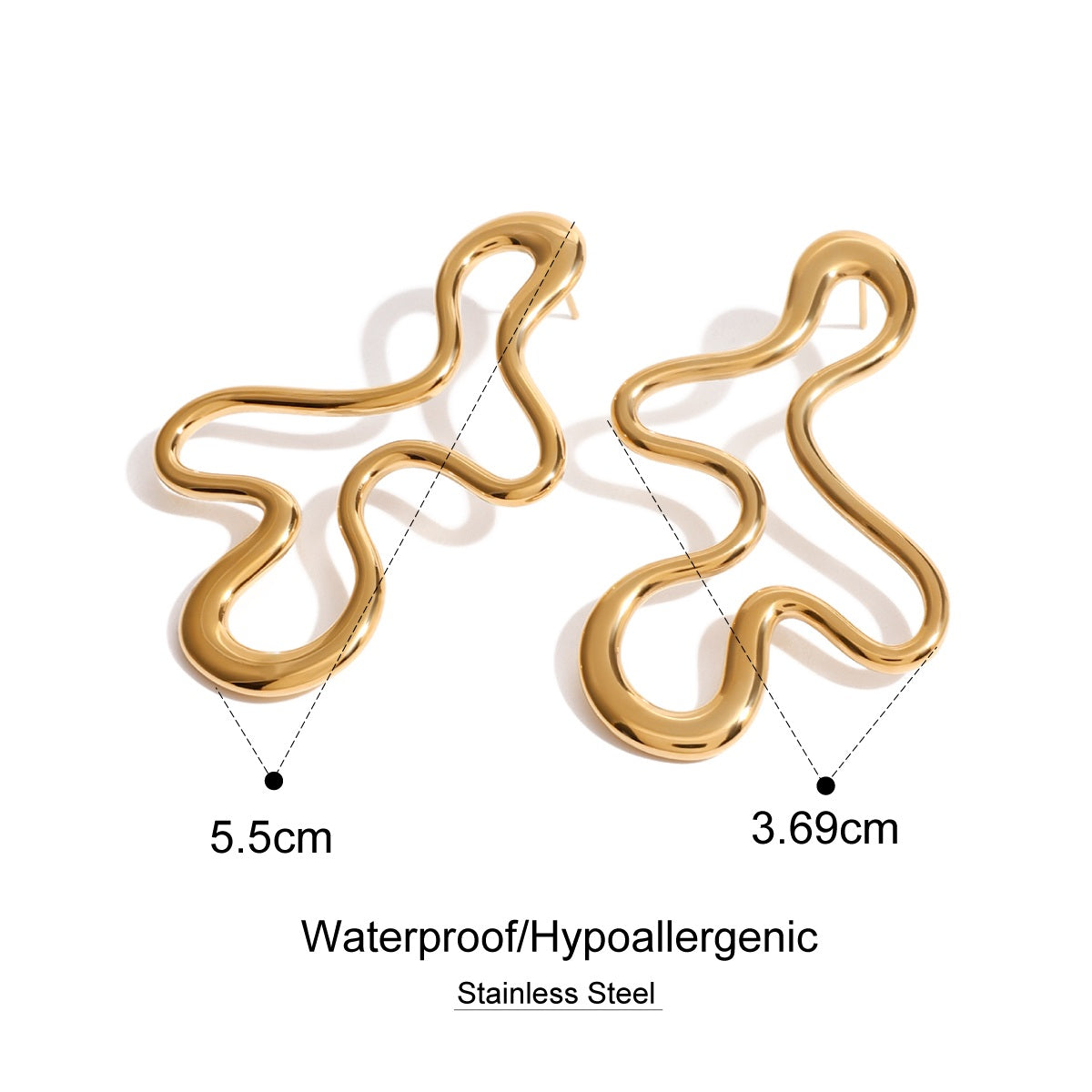 Large gold earrings with measurements and material details on a white background