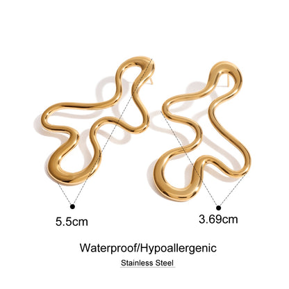 Large gold earrings with measurements and material details on a white background