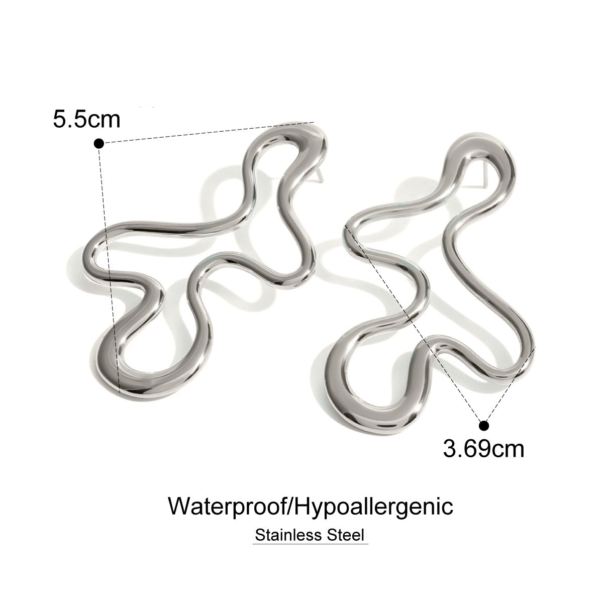 Large stainless steel earrings with measurements and material information on a white background