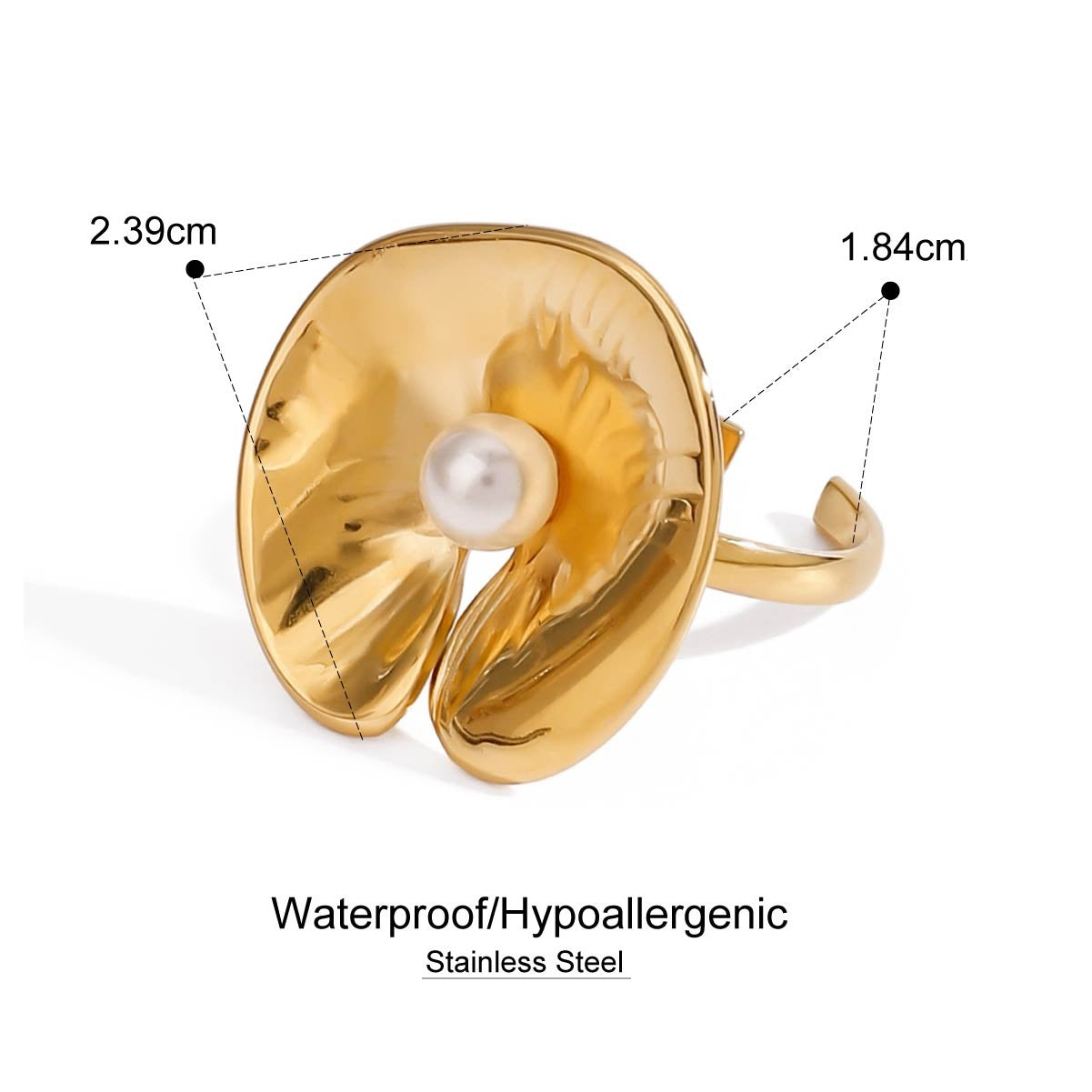 Waterproof gold ring with a pearl, showing measurements and material details on a white background