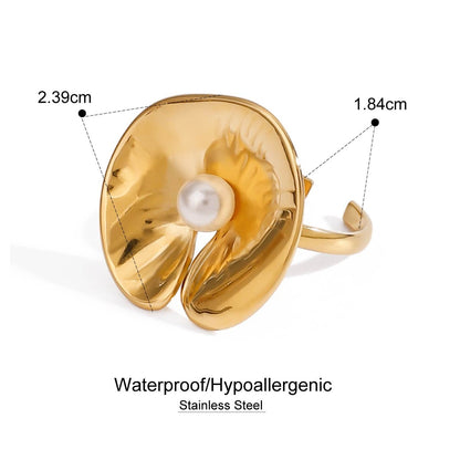 Waterproof gold ring with a pearl, showing measurements and material details on a white background