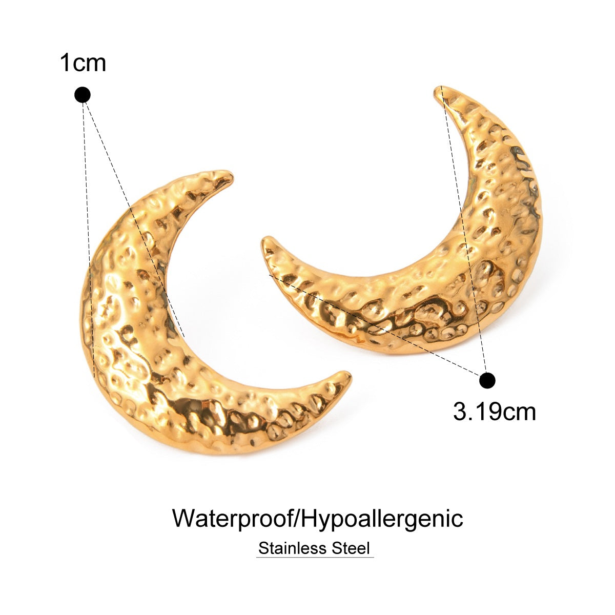 Gold crescent-shaped earrings with measurements and material information on a white background
