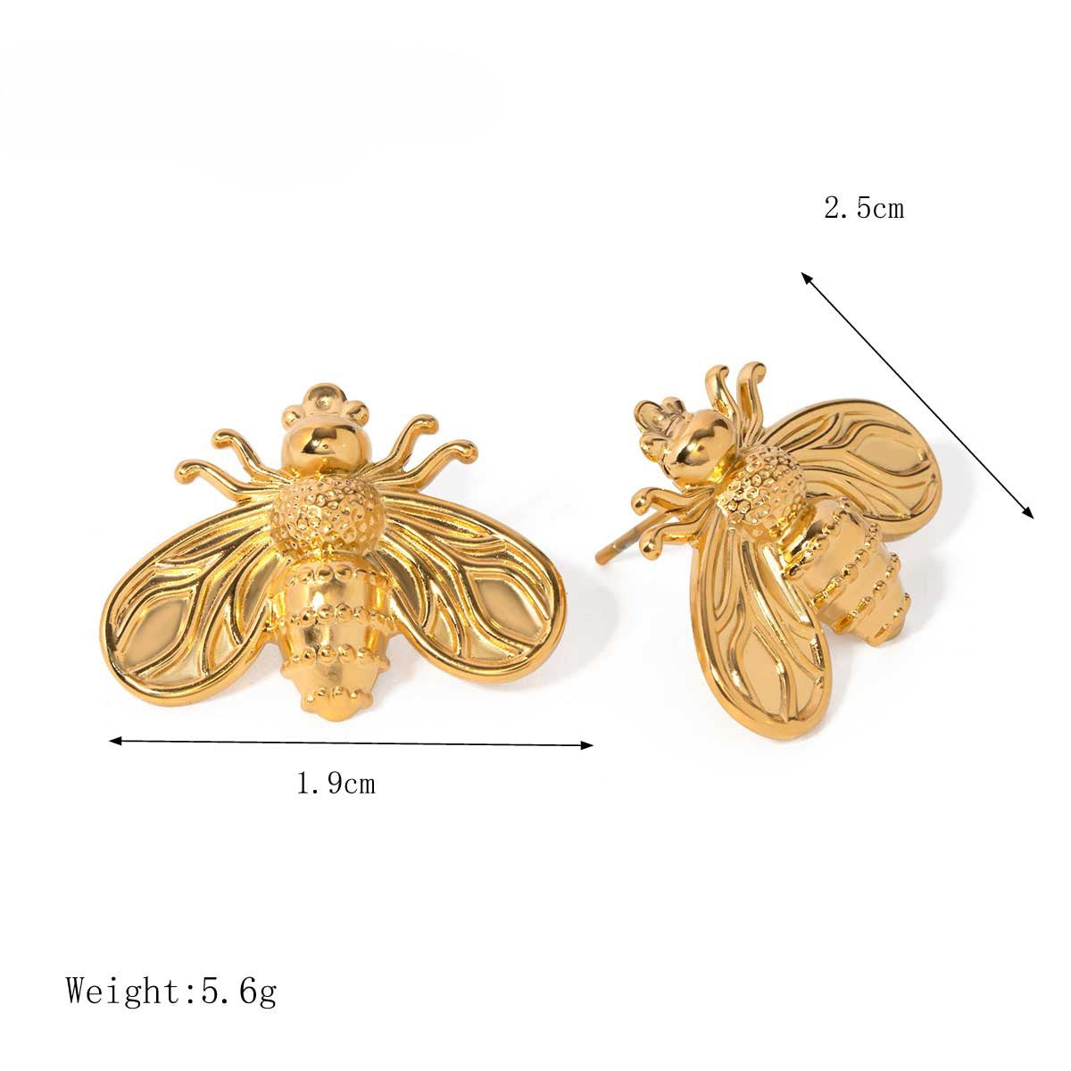 Gold bee-shaped earrings with measurements on a white background