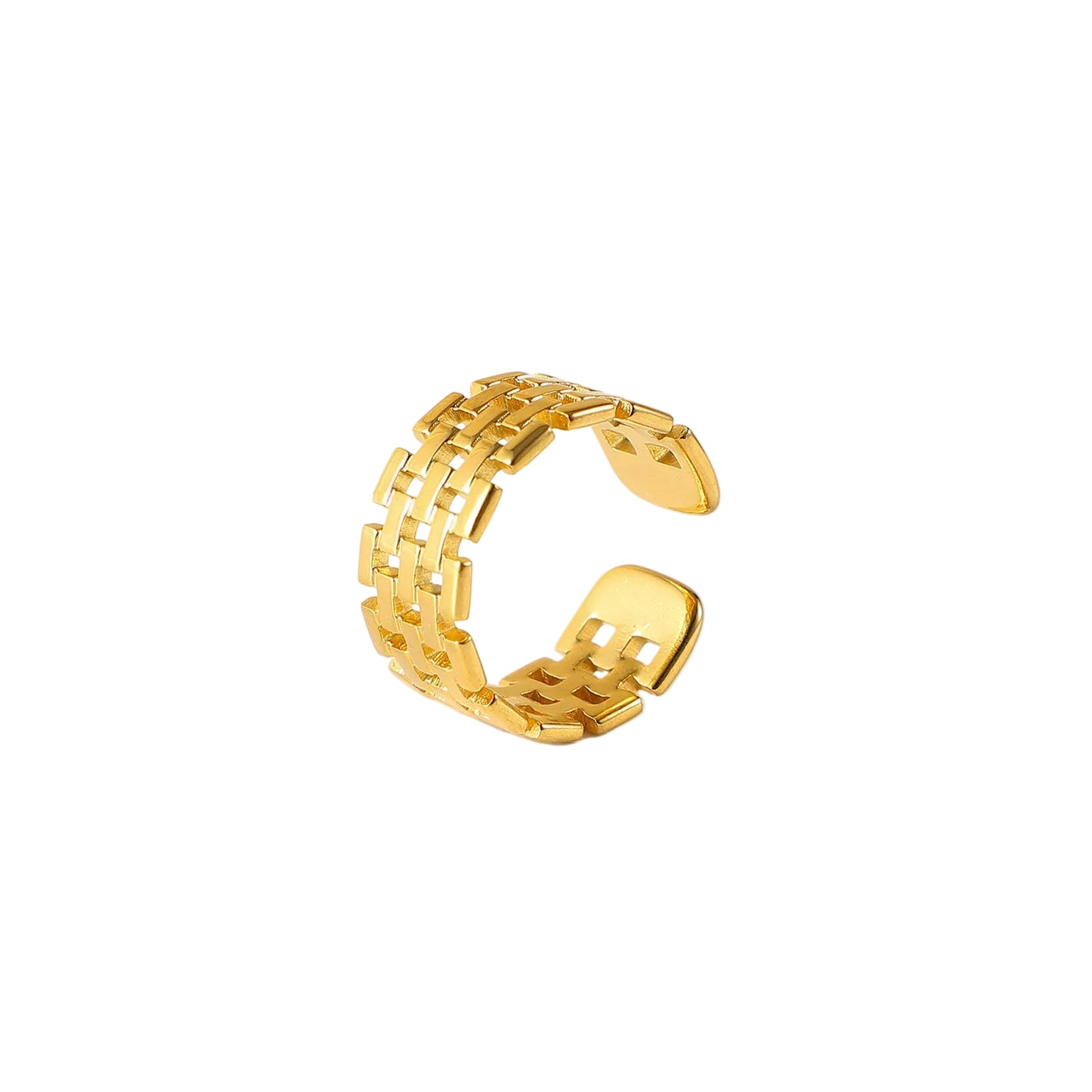 Gold stainless steel ring on a light gray background